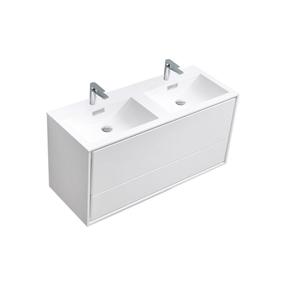 DeLusso 48" Double Sink Wall Mount Modern Bathroom Vanity, High Glossy White