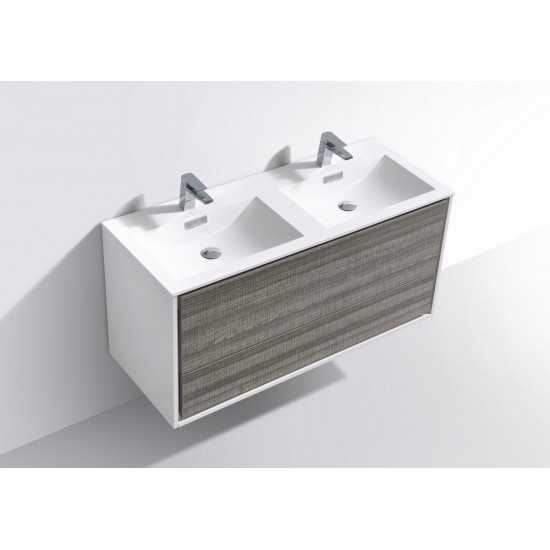 DeLusso 48" Double Sink Wall Mount Modern Bathroom Vanity, Ash Gray