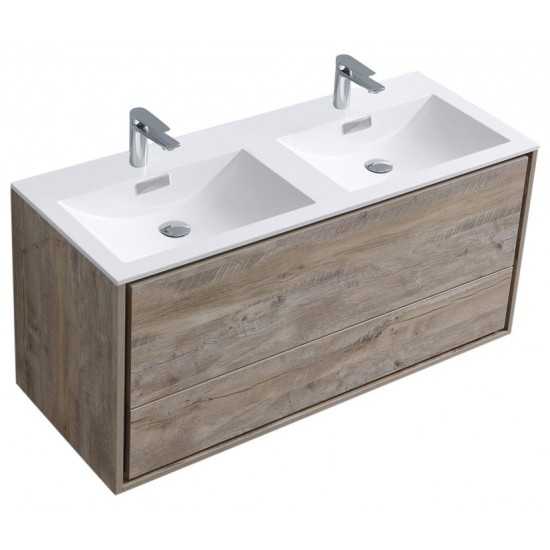 DeLusso 48" Double Sink Wall Mount Modern Bathroom Vanity, Nature Wood