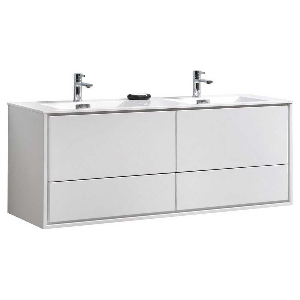 DeLusso 60" Double Sink Wall Mount Modern Bathroom Vanity, High Glossy White
