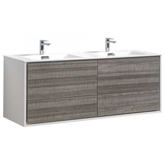 DeLusso 60" Double Sink Wall Mount Modern Bathroom Vanity, Ash Gray