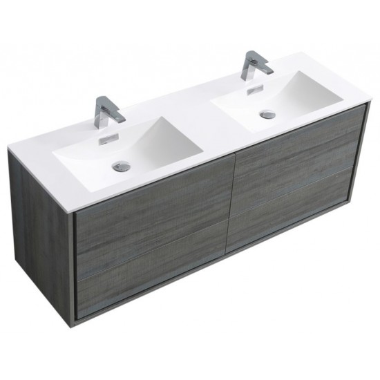 DeLusso 60" Double Sink Wall Mount Modern Bathroom Vanity, Ocean Gray