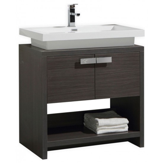 Levi Modern Bathroom Vanity With Cubby Hole, Dark Gray Oak, 32"