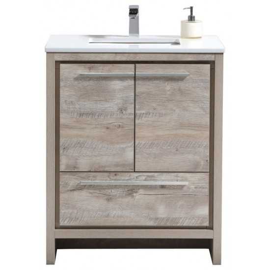 KubeBath Dolce 30" Nature Wood Modern Vanity, White Quartz Counter-Top