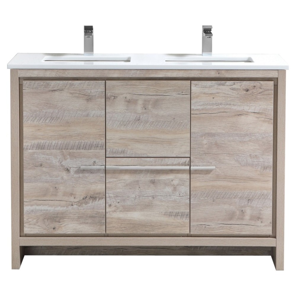 48" Double Sink Nature Wood Modern Vanity, White Quartz Counter-Top