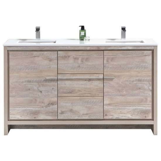 60" Double Sink Nature Wood Modern Vanity, White Quartz Counter-Top
