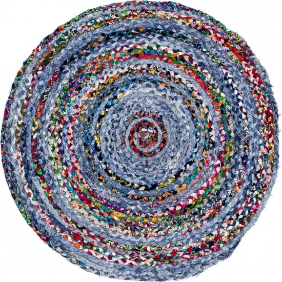 Rug Unique Loom Braided Chindi Blue/Multi Round 3' 3 x 3' 3