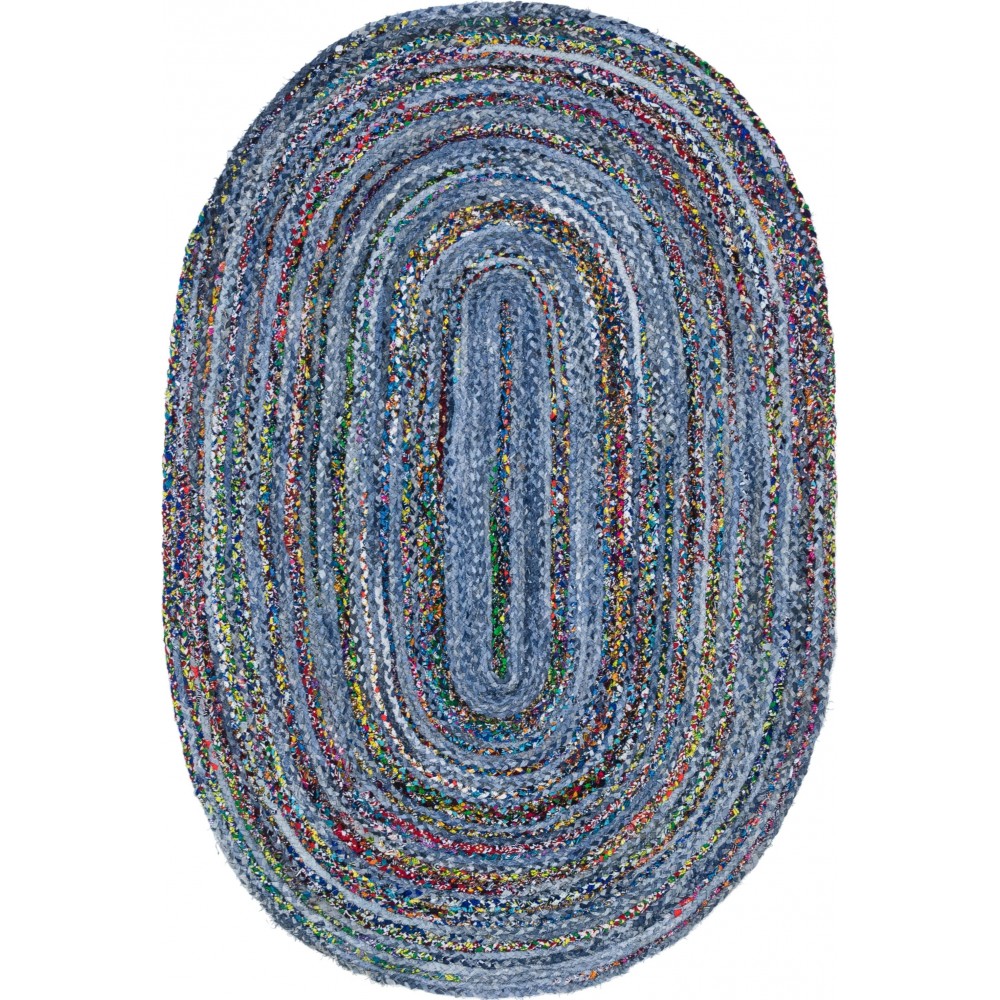 Rug Unique Loom Braided Chindi Blue/Multi Oval 5' 0 x 8' 0