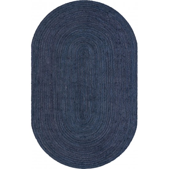 Rug Unique Loom Braided Jute Navy Blue Oval 5' 0 x 8' 0