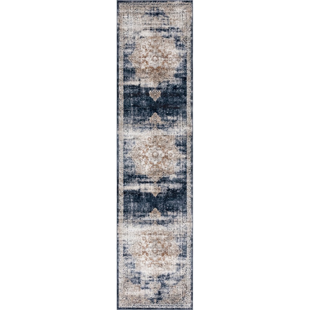 Rug Unique Loom Chateau Beige/Navy Blue Runner 2' 7 x 10' 0