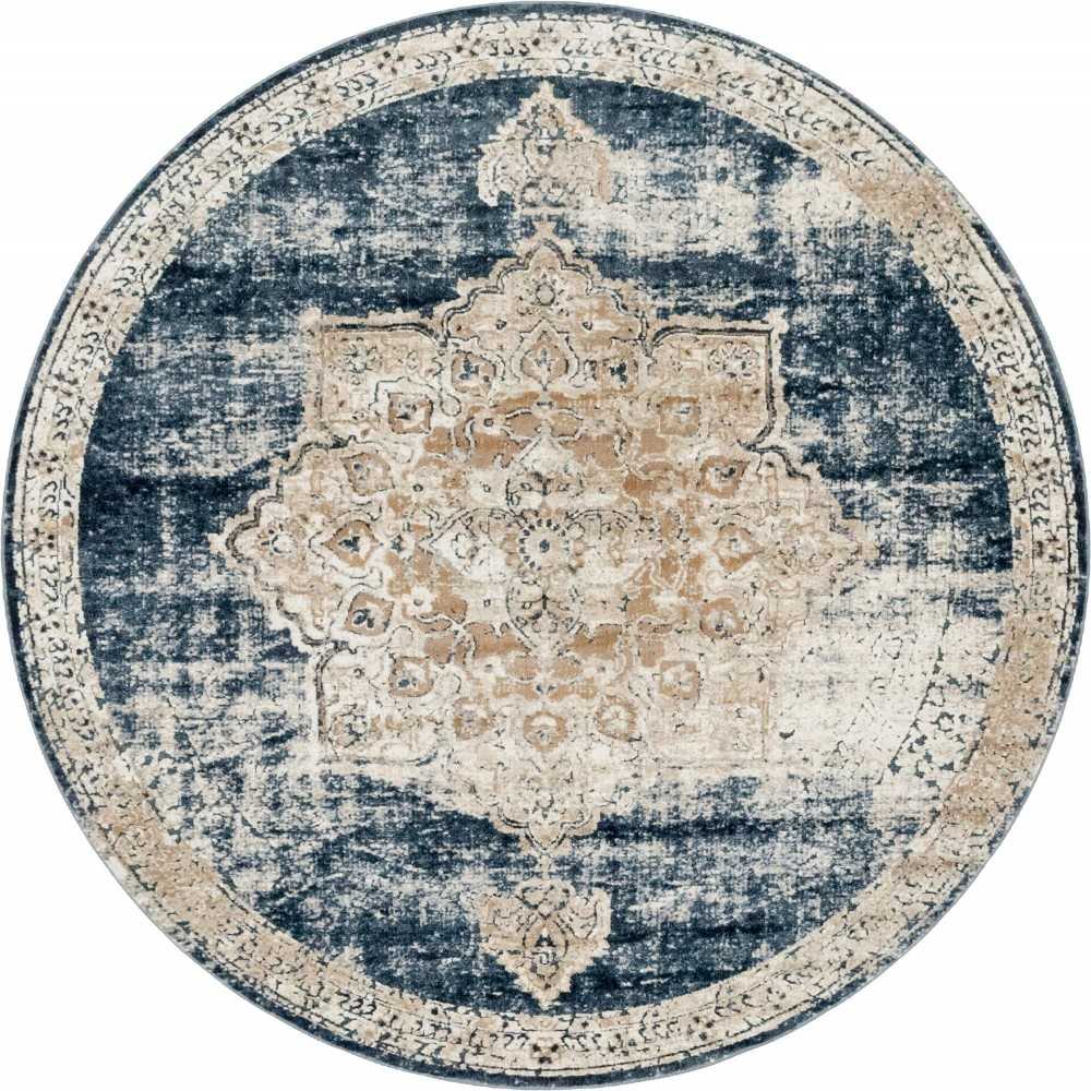 Rug Unique Loom Chateau Beige/Navy Blue Round 6' 0 x 6' 0