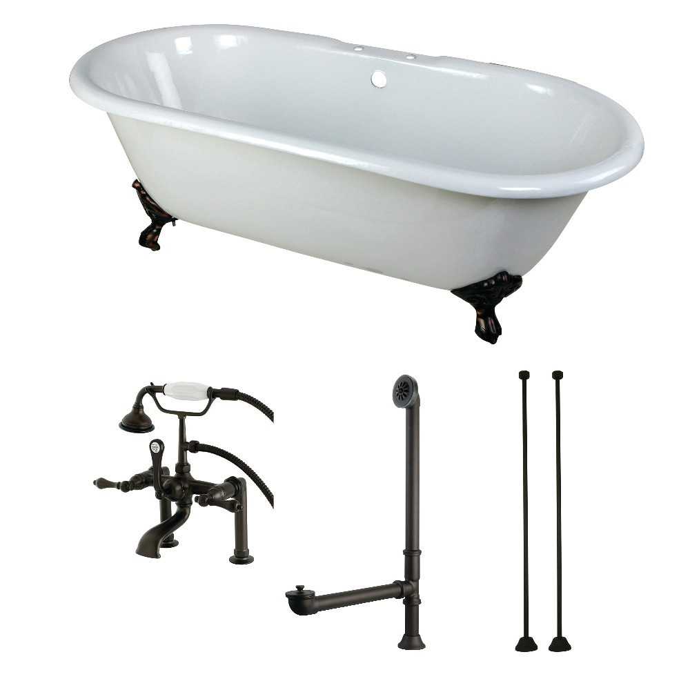 Aqua Eden 66-Inch Cast Iron Double Ended Clawfoot Tub Combo with Faucet and Supply Lines, White/Oil Rubbed Bronze