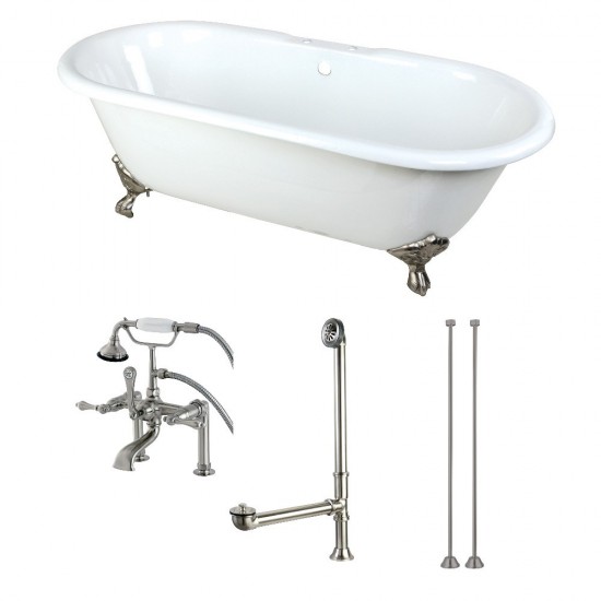 Aqua Eden 66-Inch Cast Iron Double Ended Clawfoot Tub Combo with Faucet and Supply Lines, White/Brushed Nickel