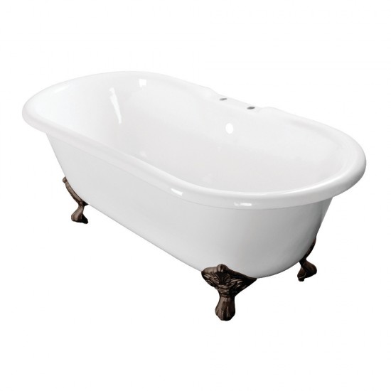 Aqua Eden 60-Inch Cast Iron Double Ended Clawfoot Tub with 7-Inch Faucet Drillings, White/Oil Rubbed Bronze