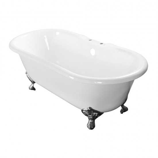 Aqua Eden 60-Inch Cast Iron Double Ended Clawfoot Tub with 7-Inch Faucet Drillings, White/Polished Chrome