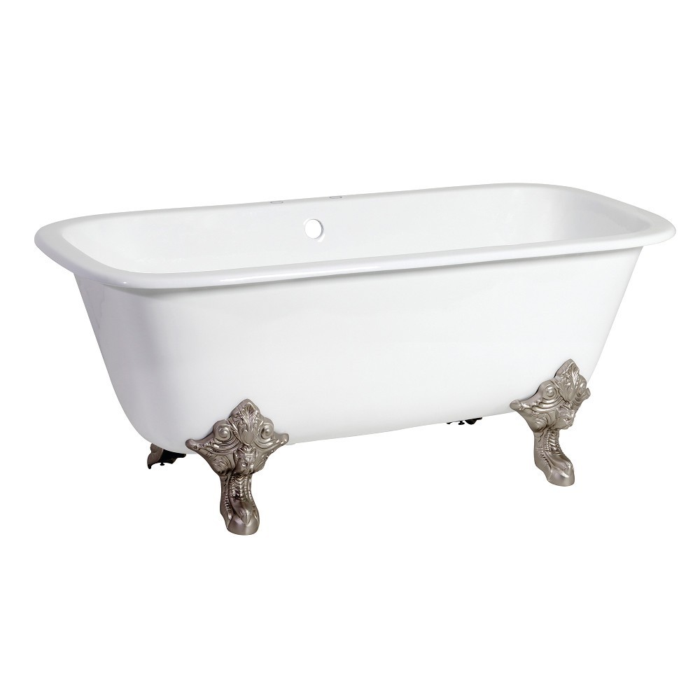 Aqua Eden 67-Inch Cast Iron Double Ended Clawfoot Tub with 7-Inch Faucet Drillings, White/Brushed Nickel