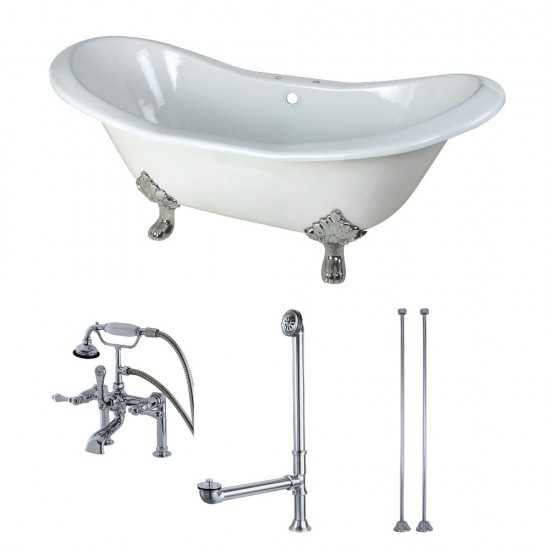 Aqua Eden 72-Inch Cast Iron Double Slipper Clawfoot Tub Combo with Faucet and Supply Lines, White/Polished Chrome