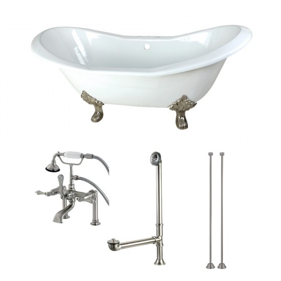 Aqua Eden 72-Inch Cast Iron Double Slipper Clawfoot Tub Combo with Faucet and Supply Lines, White/Brushed Nickel