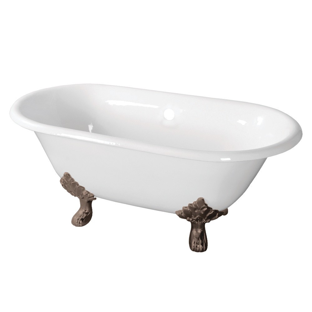 Aqua Eden 60-Inch Cast Iron Double Ended Clawfoot Tub (No Faucet Drillings), White/Brushed Nickel