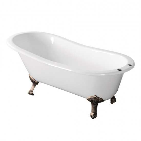Aqua Eden 67-Inch Cast Iron Single Slipper Clawfoot Tub with 7-Inch Faucet Drillings, White/Brushed Nickel