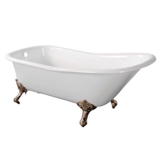 Aqua Eden 67-Inch Cast Iron Single Slipper Clawfoot Tub (No Faucet Drillings), White/Brushed Nickel