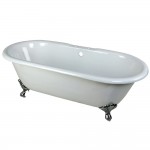 Aqua Eden 66-Inch Cast Iron Double Ended Clawfoot Tub with 7-Inch Faucet Drillings, White/Polished Chrome