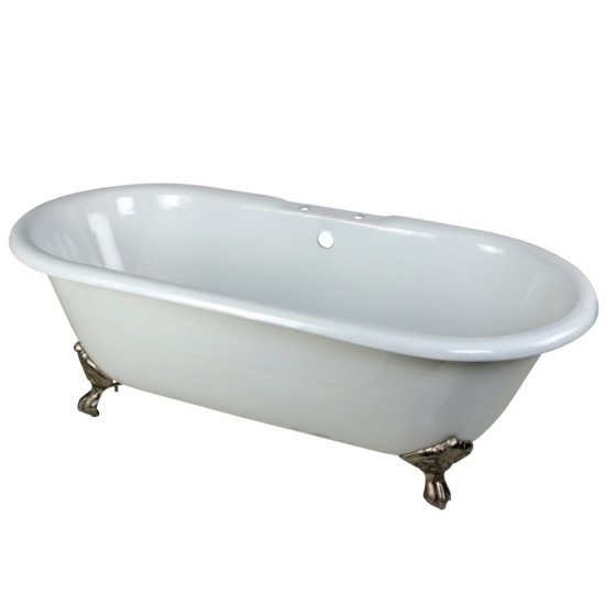Aqua Eden 66-Inch Cast Iron Double Ended Clawfoot Tub with 7-Inch Faucet Drillings, White/Brushed Nickel
