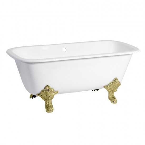 Aqua Eden 67-Inch Cast Iron Double Ended Clawfoot Tub (No Faucet Drillings), White/Polished Brass