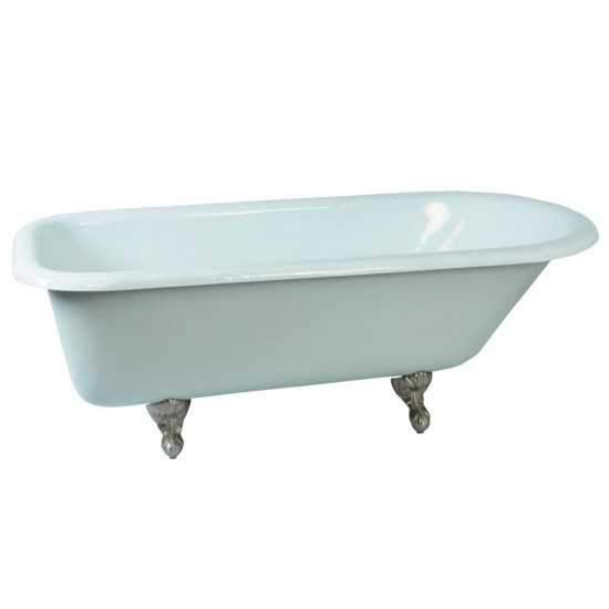 Aqua Eden 67-Inch Cast Iron Roll Top Clawfoot Tub (No Faucet Drillings), White/Brushed Nickel