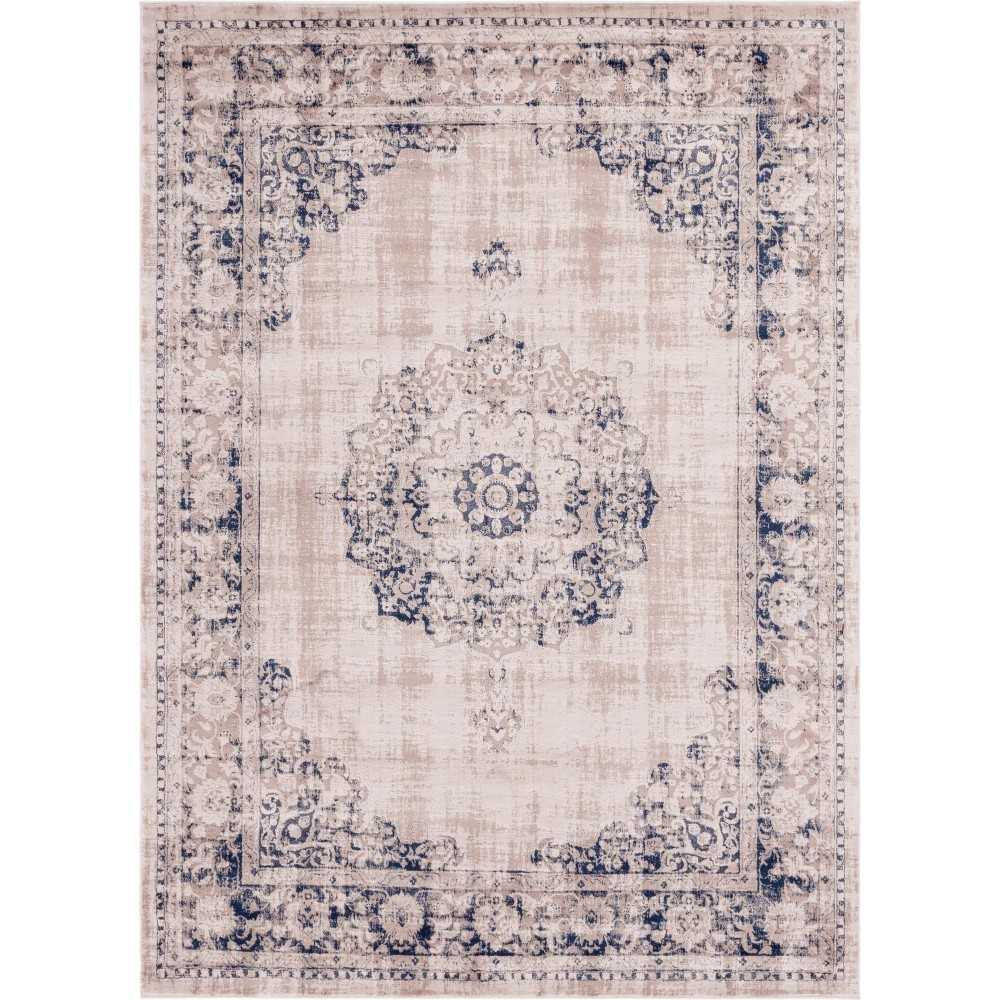 Rug Unique Loom Leila Tan/Navy Blue Rectangular 8' 0 x 11' 0