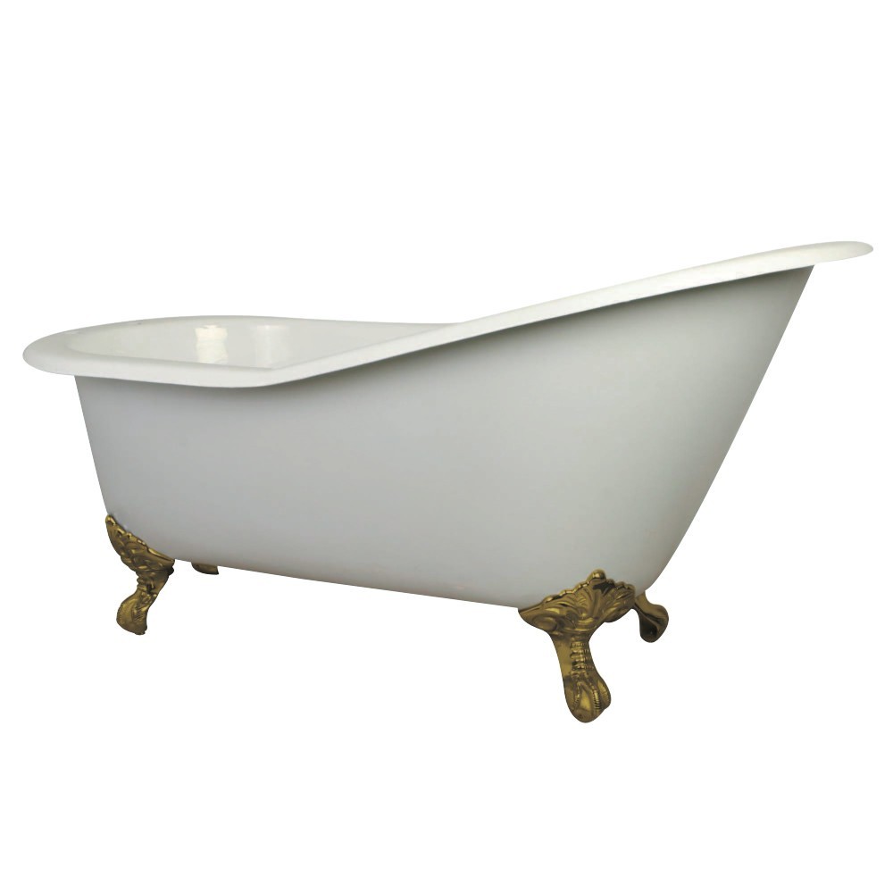Aqua Eden 61-Inch Cast Iron Single Slipper Clawfoot Tub with 7-Inch Faucet Drillings, White/Polished Brass