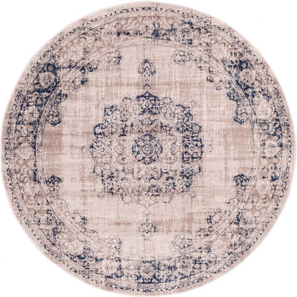 Rug Unique Loom Leila Tan/Navy Blue Round 6' 0 x 6' 0