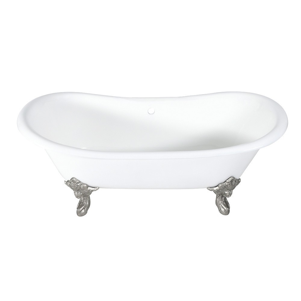 Aqua Eden 72-Inch Cast Iron Double Slipper Clawfoot Tub (No Faucet Drillings), White/Brushed Nickel