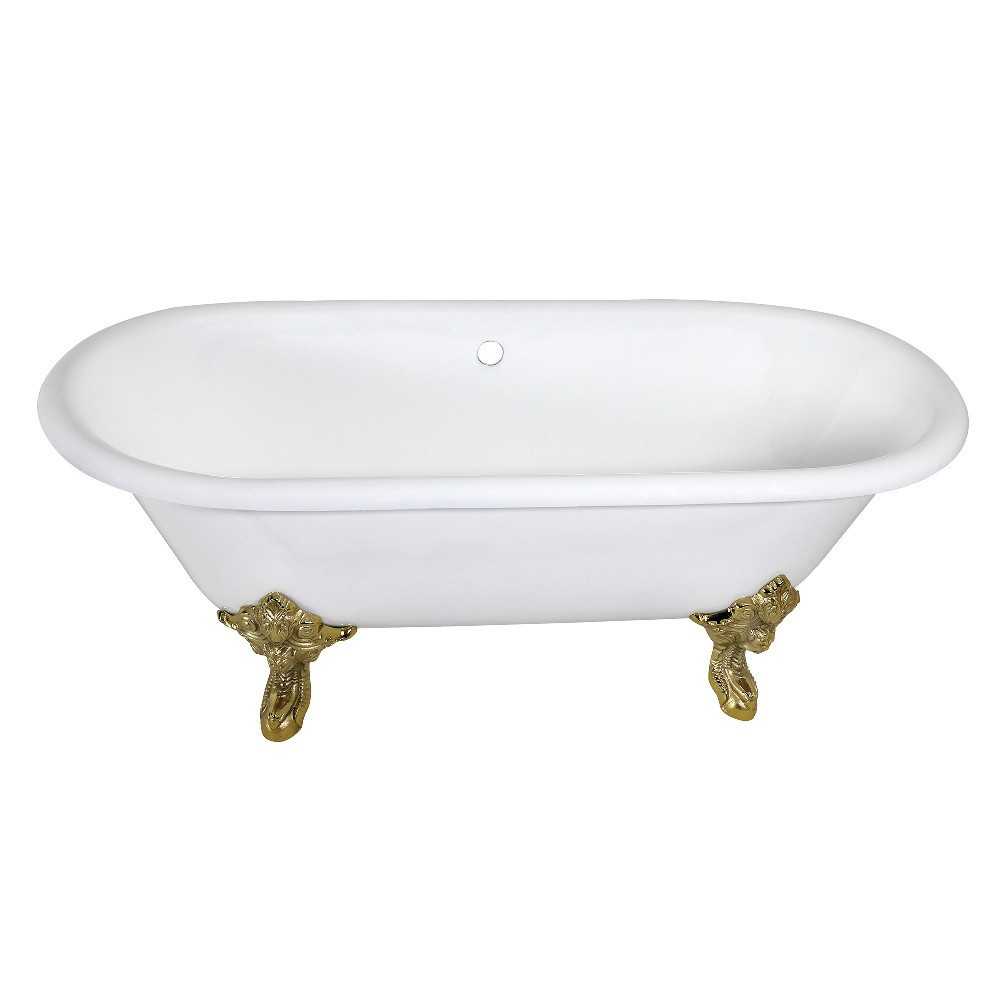 Aqua Eden 72-Inch Cast Iron Double Ended Clawfoot Tub (No Faucet Drillings), White/Polished Brass