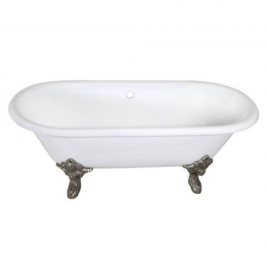 Aqua Eden 72-Inch Cast Iron Double Ended Clawfoot Tub (No Faucet Drillings), White/Brushed Nickel