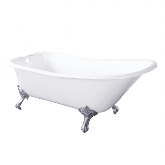 Aqua Eden 67-Inch Cast Iron Single Slipper Clawfoot Tub with 7-Inch Faucet Drillings, White/Polished Chrome