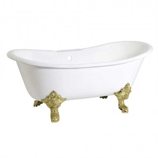 Aqua Eden 67-Inch Cast Iron Double Slipper Clawfoot Tub with 7-Inch Faucet Drillings, White/Polished Brass