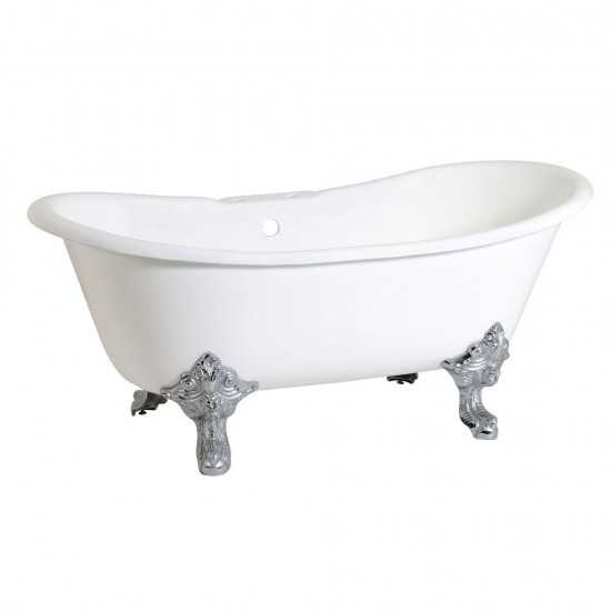 Aqua Eden 67-Inch Cast Iron Double Slipper Clawfoot Tub with 7-Inch Faucet Drillings, White/Polished Chrome