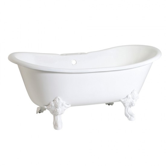 Aqua Eden 67-Inch Cast Iron Double Slipper Clawfoot Tub with 7-Inch Faucet Drillings, White