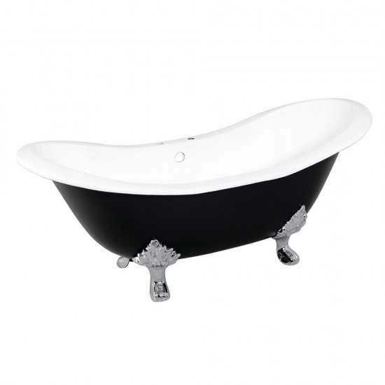 Aqua Eden 72-Inch Cast Iron Double Slipper Clawfoot Tub with 7-Inch Faucet Drillings, Black/White/Polished Chrome