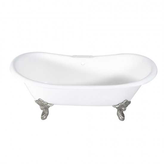 Aqua Eden 72-Inch Cast Iron Double Slipper Clawfoot Tub with 7-Inch Faucet Drillings, White/Brushed Nickel