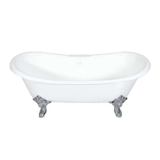 Aqua Eden 72-Inch Cast Iron Double Slipper Clawfoot Tub with 7-Inch Faucet Drillings, White/Polished Chrome
