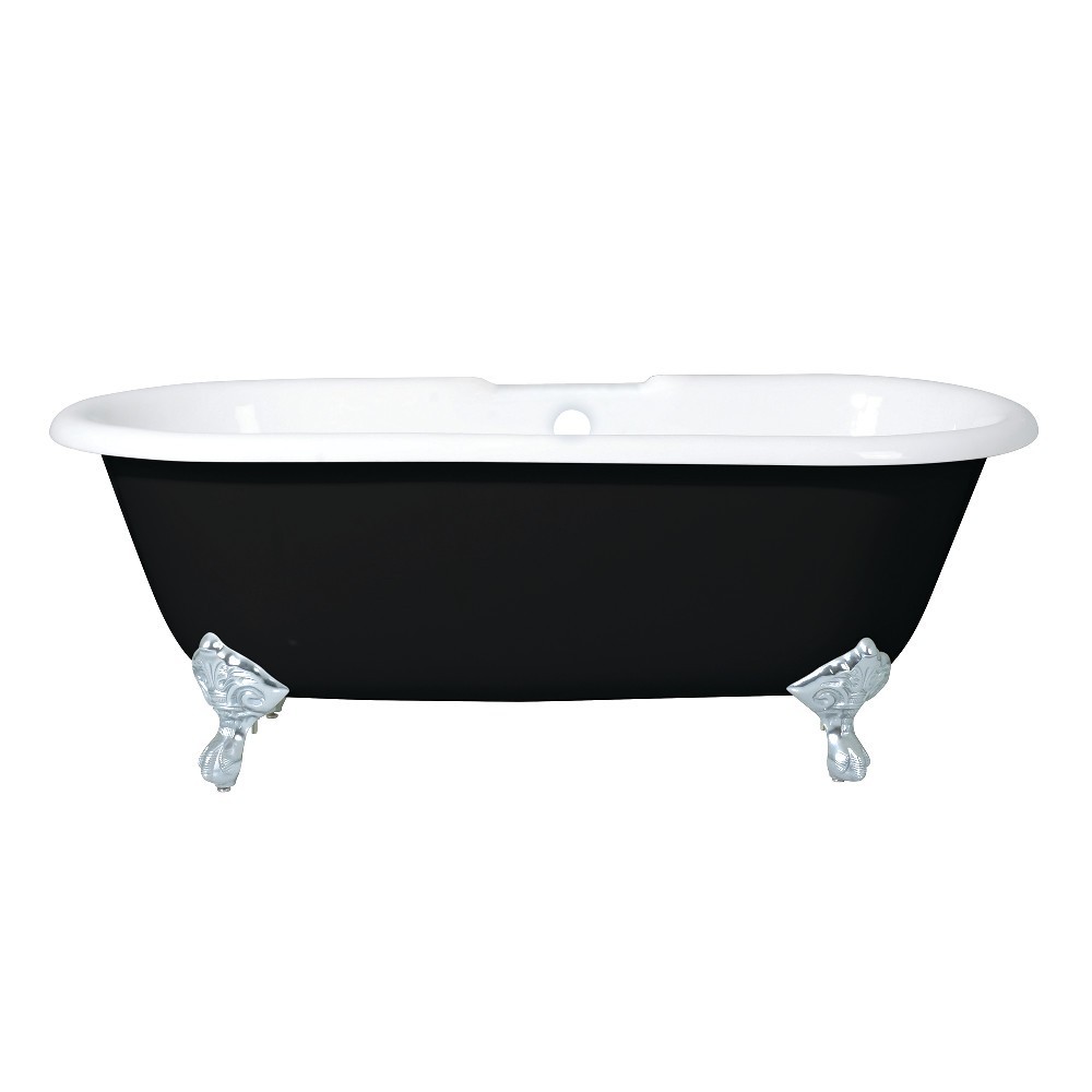 Aqua Eden 66-Inch Cast Iron Double Ended Clawfoot Tub with 7-Inch Faucet Drillings, Black/White/Polished Chrome