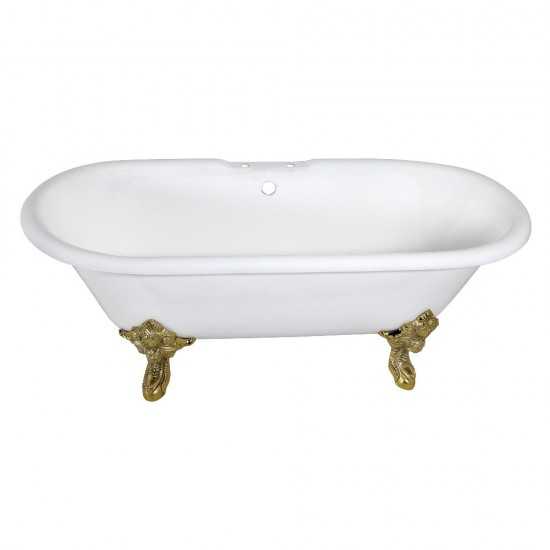 Aqua Eden 72-Inch Cast Iron Double Ended Clawfoot Tub with 7-Inch Faucet Drillings, White/Polished Brass
