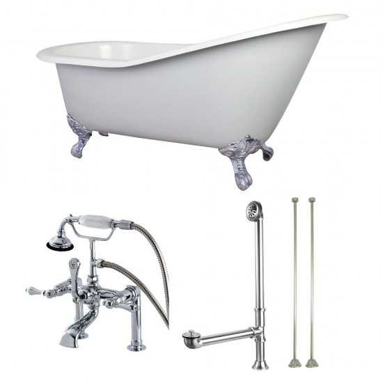 Aqua Eden 62-Inch Cast Iron Single Slipper Clawfoot Tub Combo with Faucet and Supply Lines, White/Polished Chrome