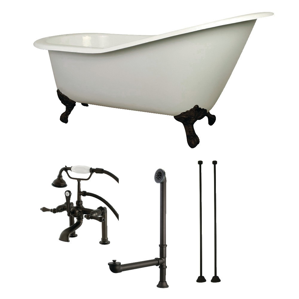 Aqua Eden 62-Inch Cast Iron Single Slipper Clawfoot Tub Combo with Faucet and Supply Lines,White/Oil Rubbed Bronze