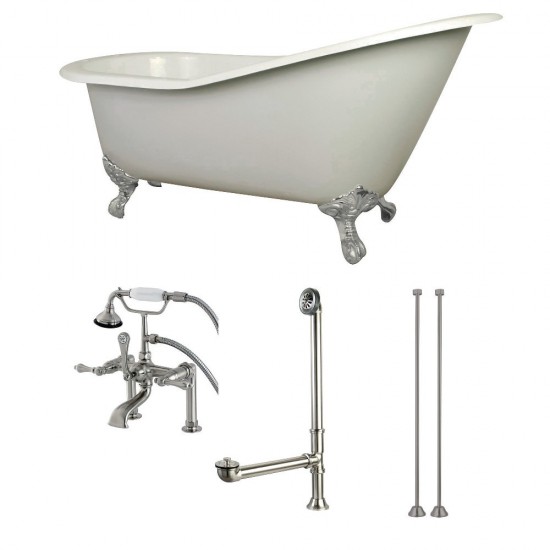 Aqua Eden 62-Inch Cast Iron Single Slipper Clawfoot Tub Combo with Faucet and Supply Lines, White/Brushed Nickel