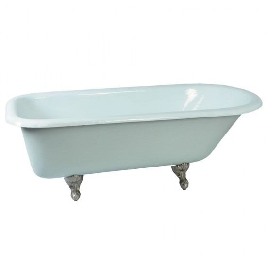 Aqua Eden 66-Inch Cast Iron Roll Top Clawfoot Tub (No Faucet Drillings), White/Brushed Nickel