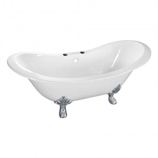 Aqua Eden 61-Inch Cast Iron Double Slipper Clawfoot Tub with 7-Inch Faucet Drillings, White/Polished Chrome
