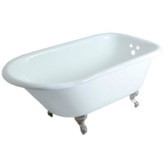 Aqua Eden 60-Inch Cast Iron Roll Top Clawfoot Tub with 3-3/8 Inch Wall Drillings, White/Brushed Nickel